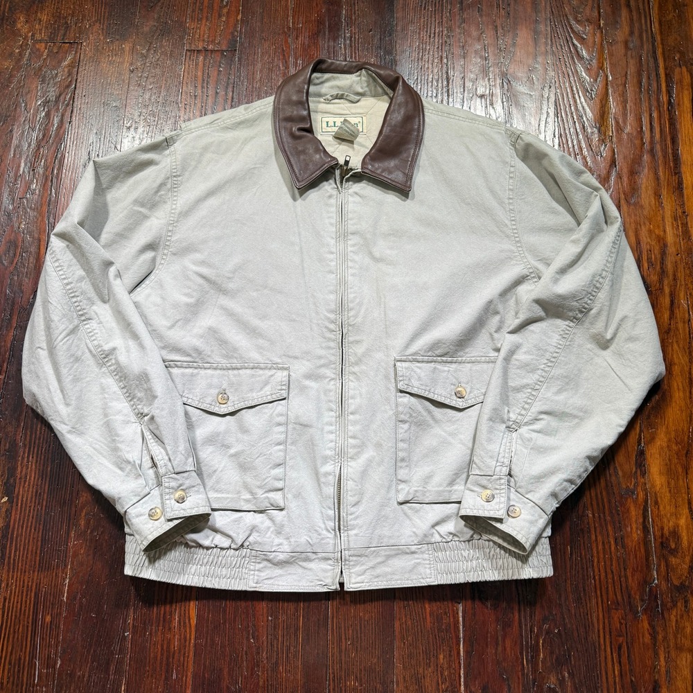 Vintage LL Bean Jacket Mens L Tan Lined Leather Collar Harrington Chore K401
